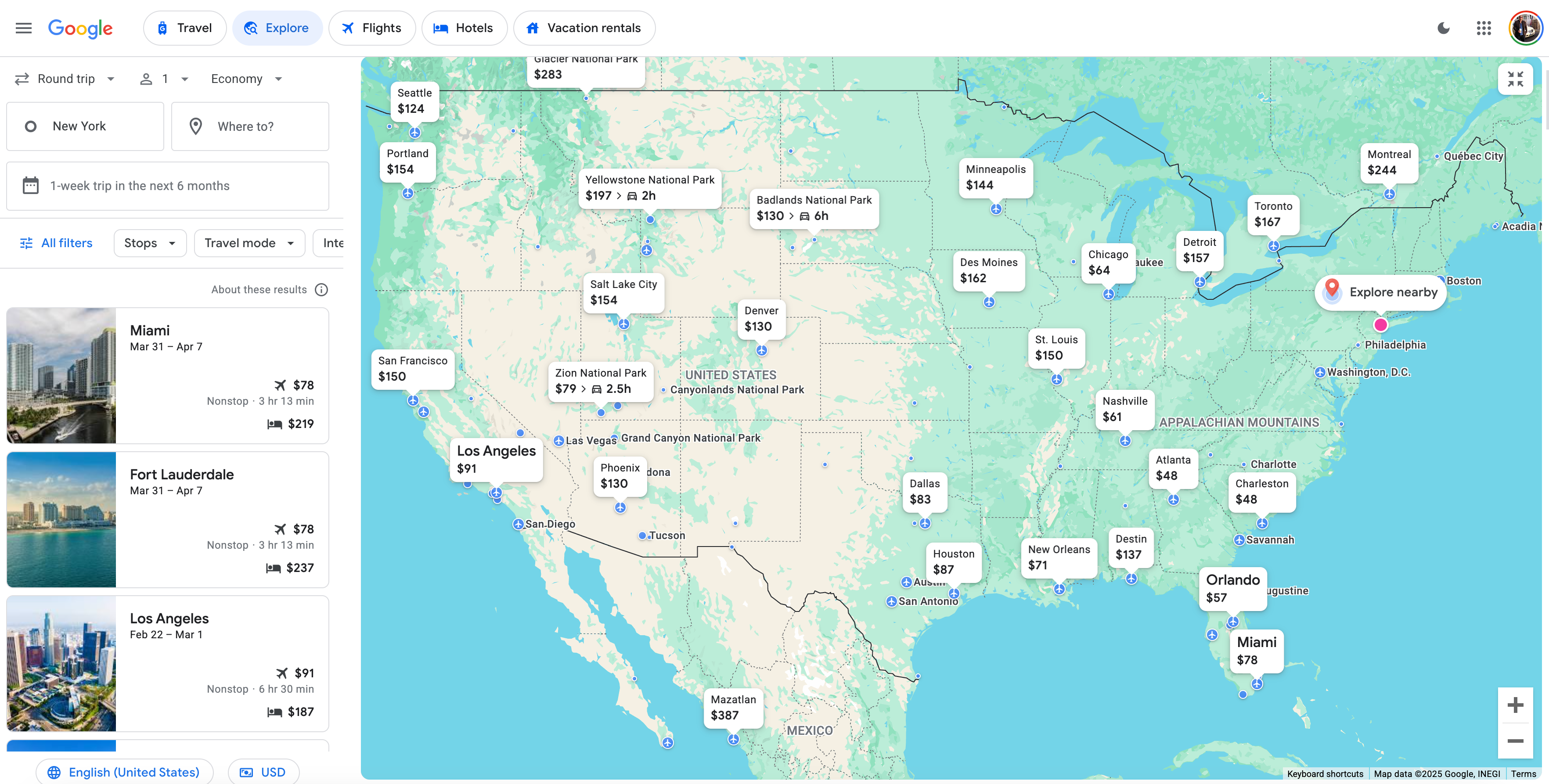 Google Flights Explore homepage. GOOGLE